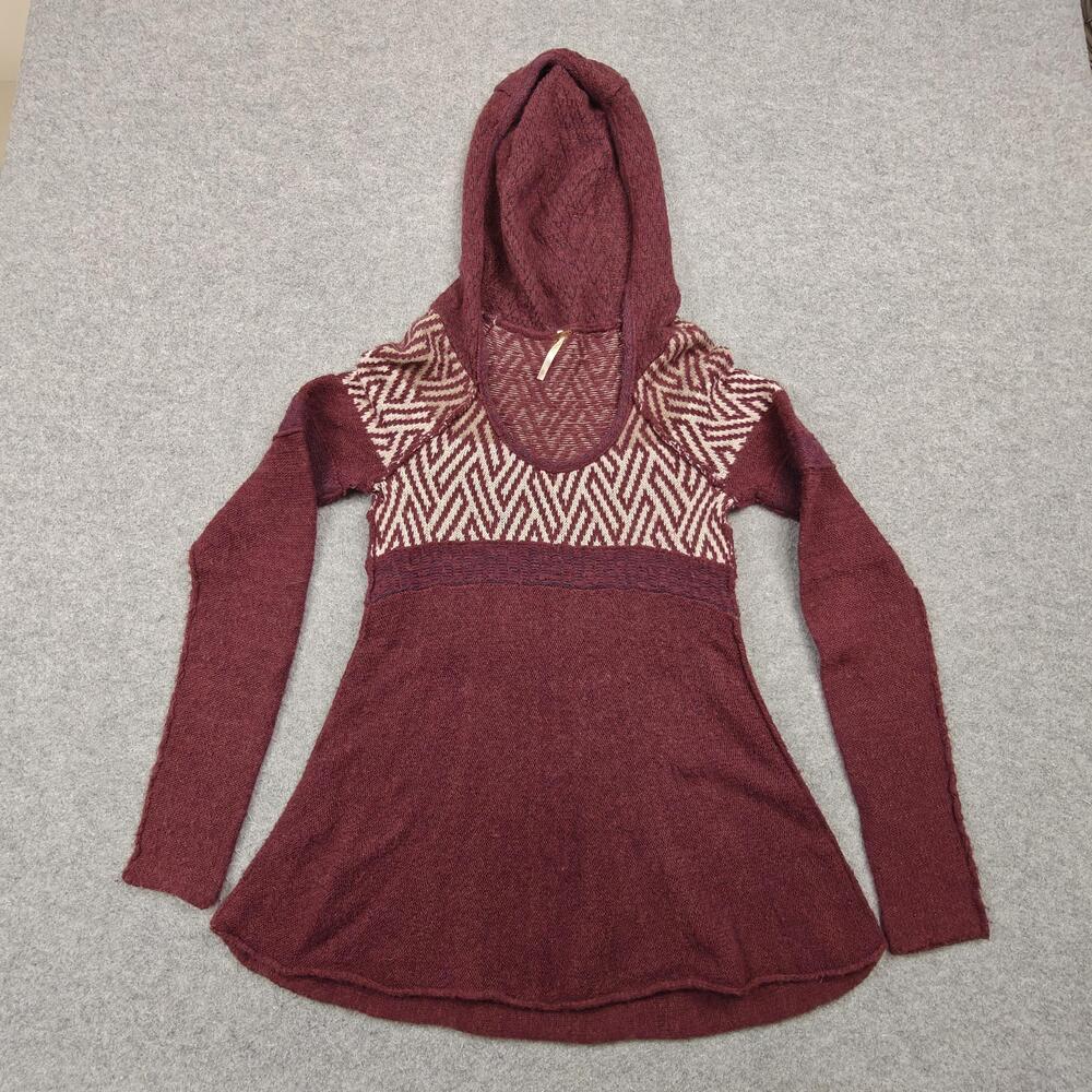Free People Tunic Womens Small Red Hooded Sweater Geometric Open-Knit Boho